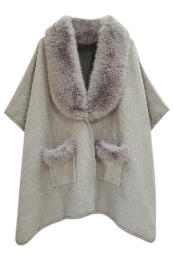 Faux Fur Collar Kimono – Plush Collar Wrap in Camel or Gray