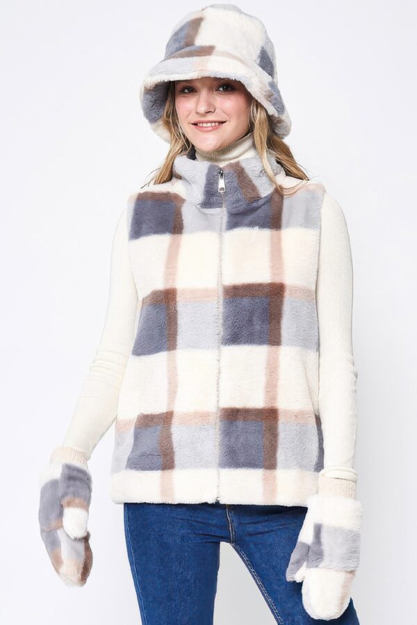 Plaid Faux Fur Vest with Plush Trim – Brown, Pink, Blue