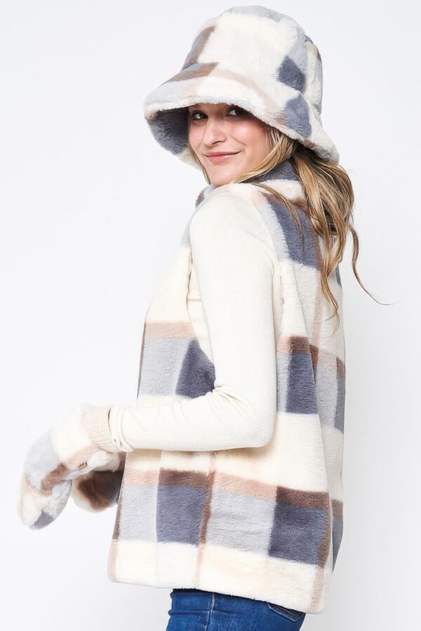 Plaid Faux Fur Vest with Plush Trim – Brown, Pink, Blue