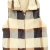 Plaid Faux Fur Vest with Plush Trim – Brown, Pink, Blue