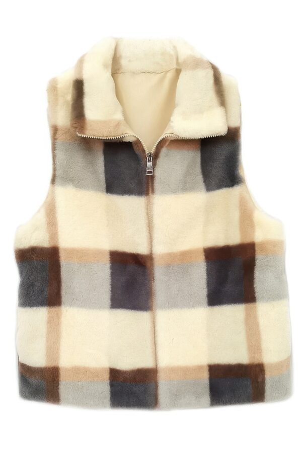 Plaid Faux Fur Vest with Plush Trim – Brown, Pink, Blue