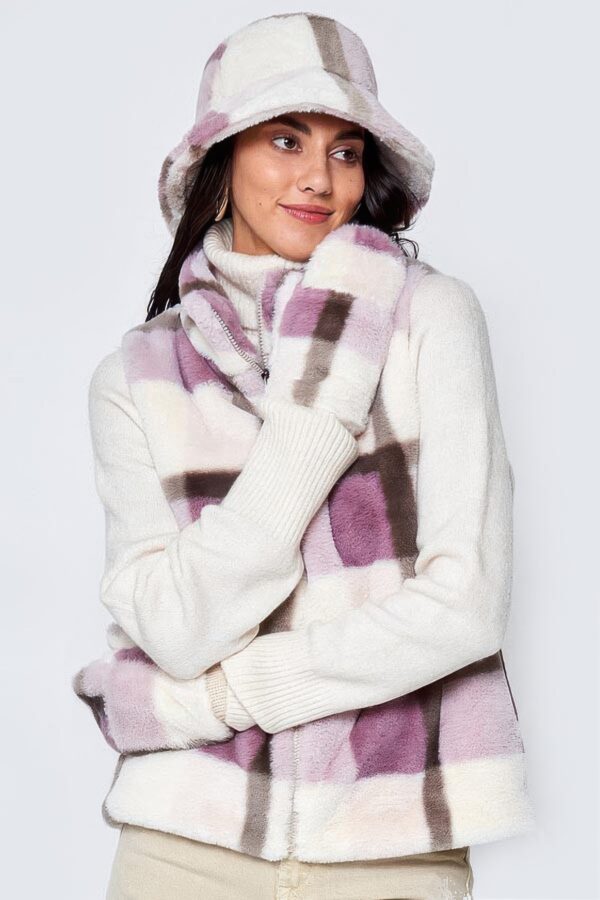 Plaid Faux Fur Vest with Plush Trim – Brown, Pink, Blue