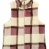 Plaid Faux Fur Vest with Plush Trim – Brown, Pink, Blue