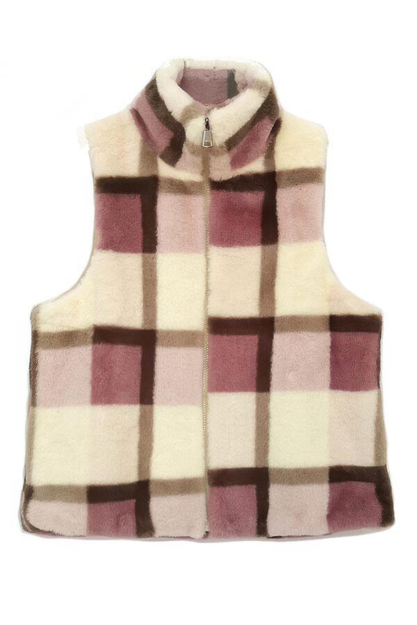 Plaid Faux Fur Vest with Plush Trim – Brown, Pink, Blue