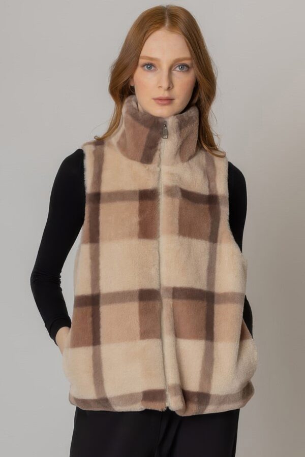 Plaid Faux Fur Vest with Plush Trim – Brown, Pink, Blue
