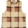 Plaid Faux Fur Vest with Plush Trim – Brown, Pink, Blue