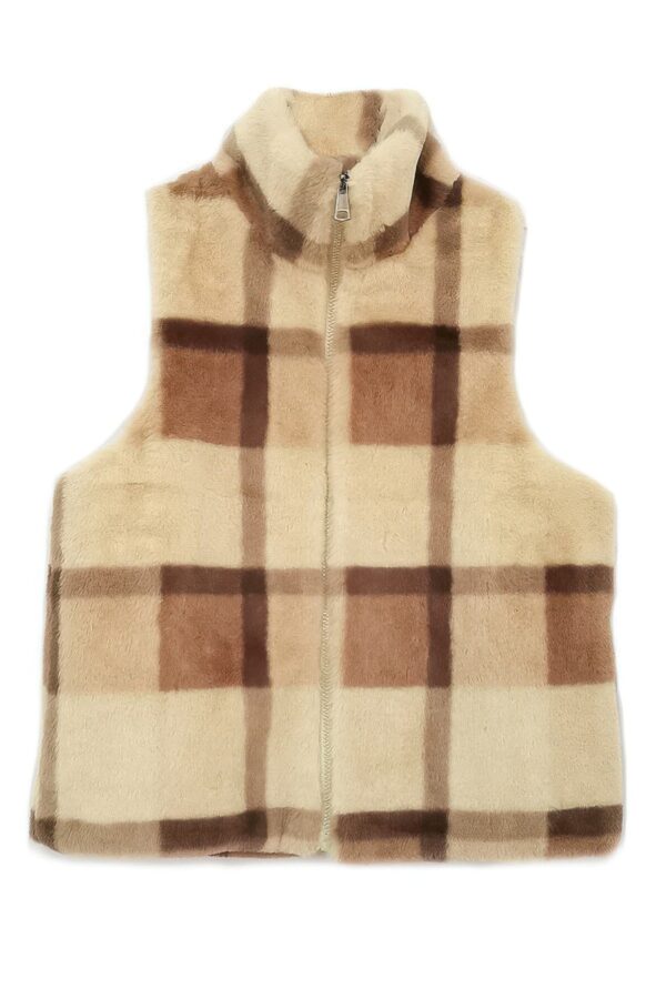 Plaid Faux Fur Vest with Plush Trim – Brown, Pink, Blue