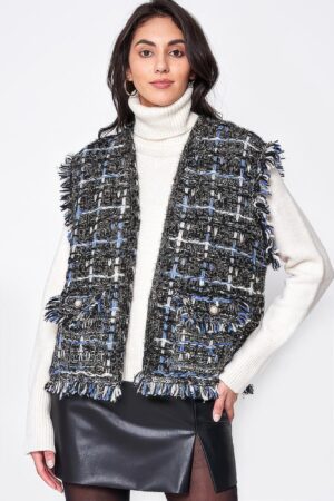 Plaid Tweed Vest with Frayed Raw Edges