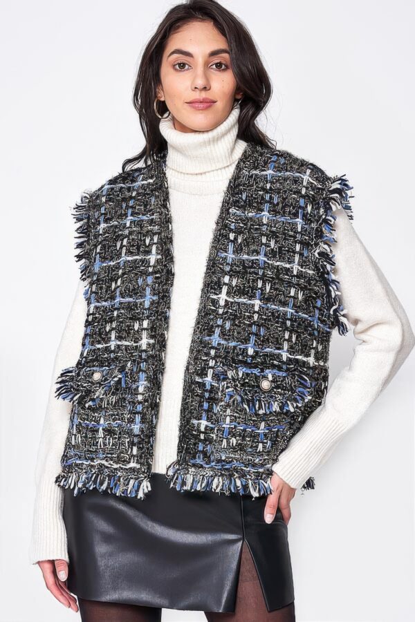 Plaid Tweed Vest with Frayed Raw Edges