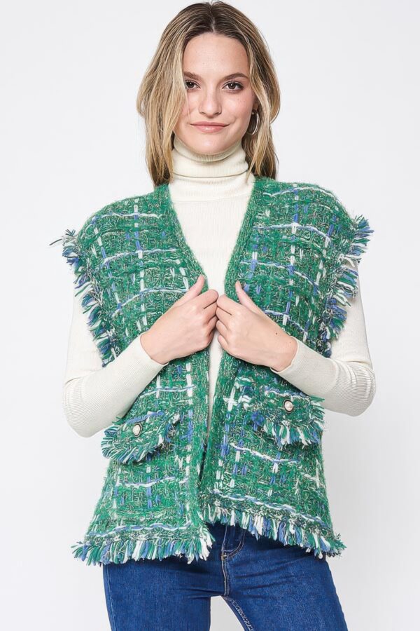 Plaid Tweed Vest with Frayed Raw Edges