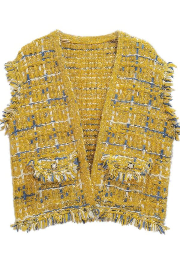 Plaid Tweed Vest with Frayed Raw Edges
