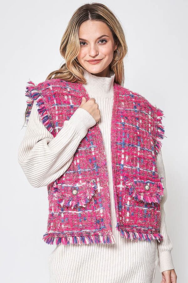 Plaid Tweed Vest with Frayed Raw Edges