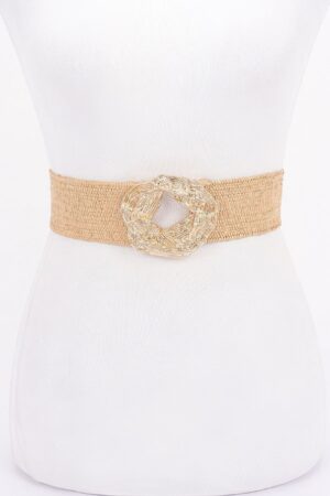 Textured Elastic Faux Straw Belt with Metal Buckle