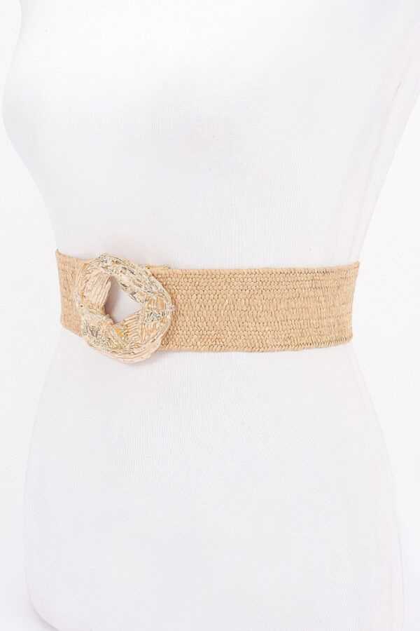 Textured Elastic Faux Straw Belt with Metal Buckle