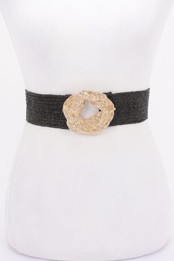 Textured Elastic Faux Straw Belt with Metal Buckle