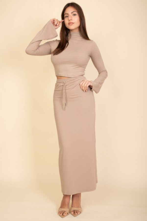 Mock Neck Bell-Sleeve Crop Top and Maxi Skirt Set