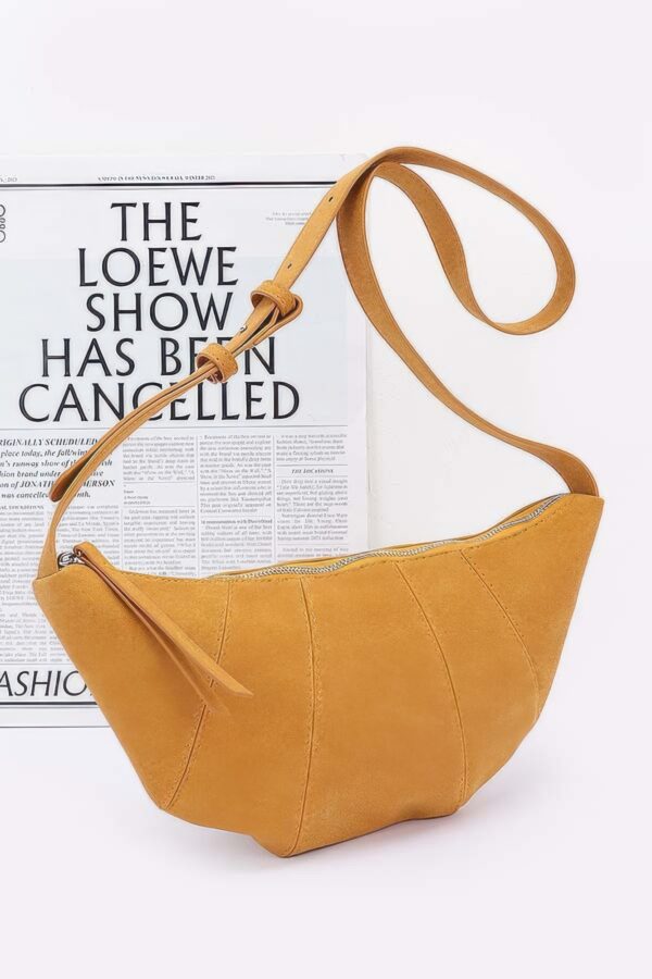 Faux Suede Croissant Bag – Mixed Metal Accents