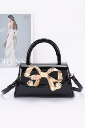 Faux Leather Top Handle Bag with Metal Ribbon Accent