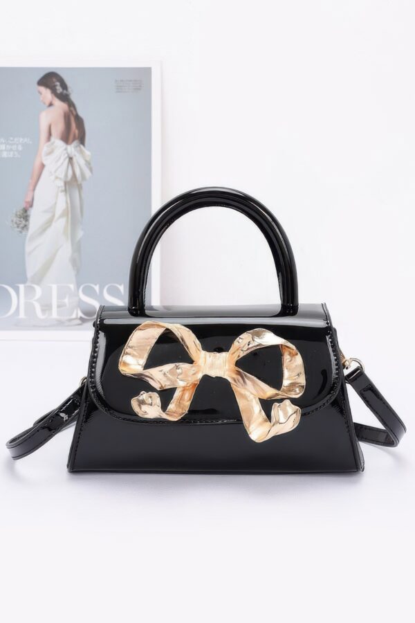 Faux Leather Top Handle Bag with Metal Ribbon Accent