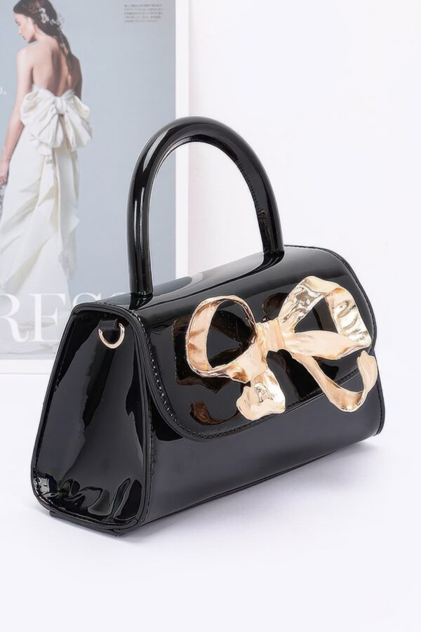 Faux Leather Top Handle Bag with Metal Ribbon Accent