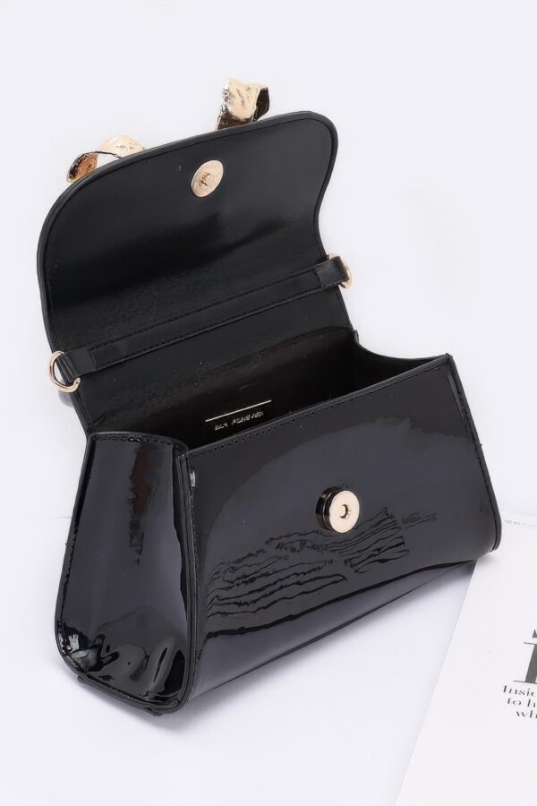 Faux Leather Top Handle Bag with Metal Ribbon Accent