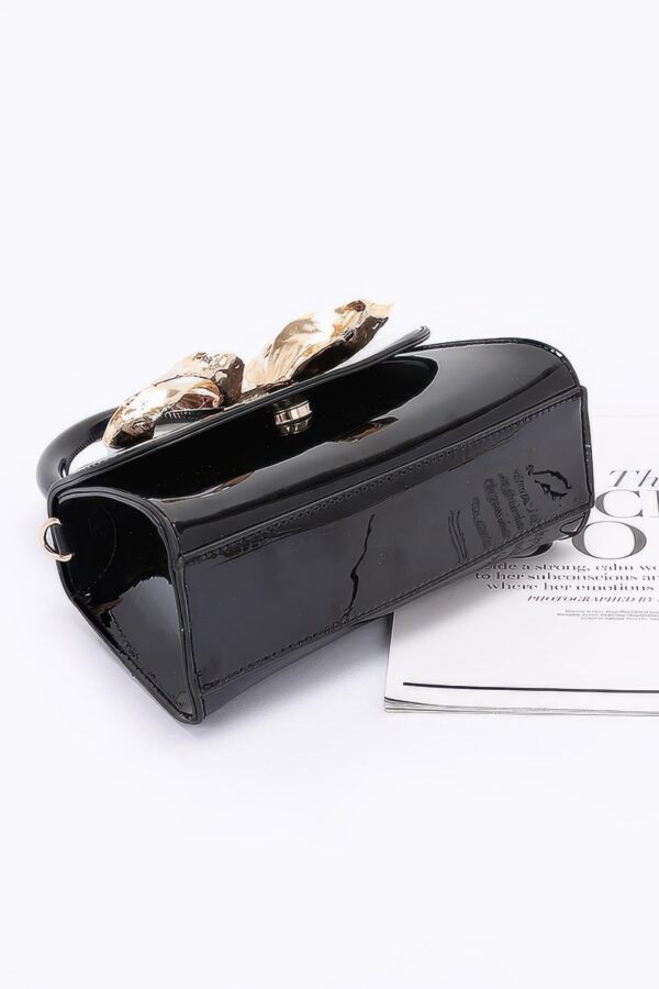 Faux Leather Top Handle Bag with Metal Ribbon Accent