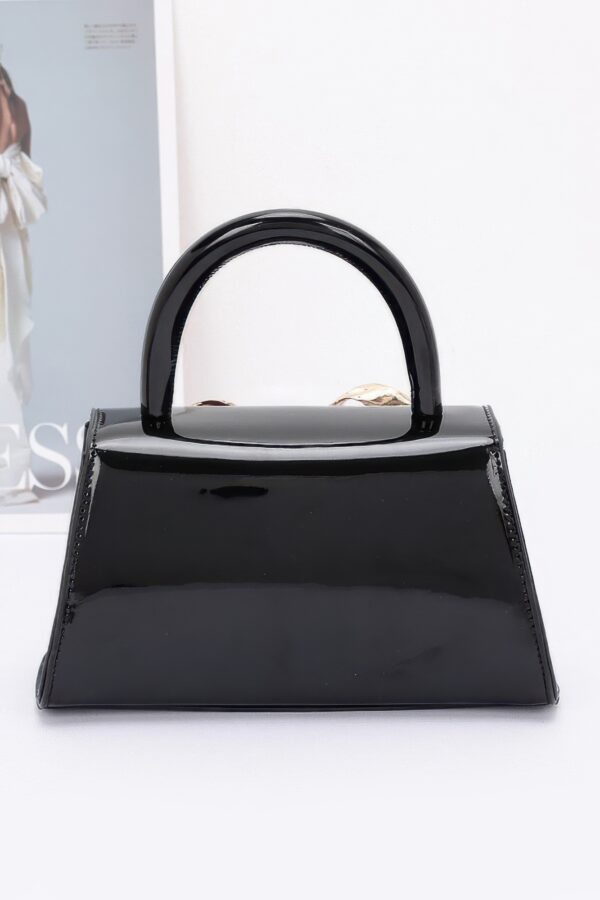 Faux Leather Top Handle Bag with Metal Ribbon Accent