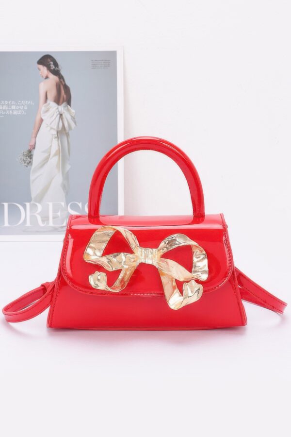Faux Leather Top Handle Bag with Metal Ribbon Accent