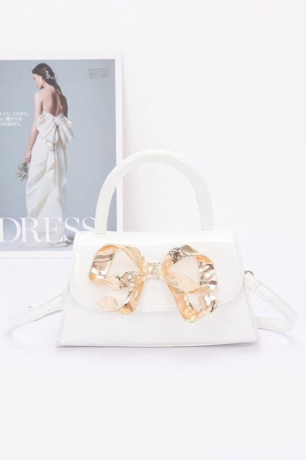 Faux Leather Top Handle Bag with Metal Ribbon Accent