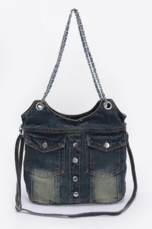 Washed Denim Tote with Double Front Pockets
