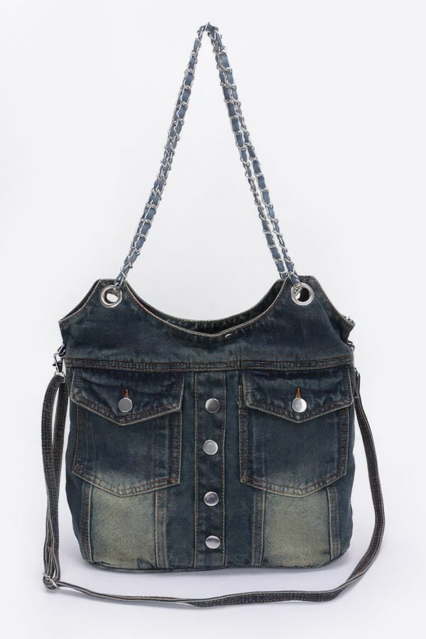 Washed Denim Tote with Double Front Pockets