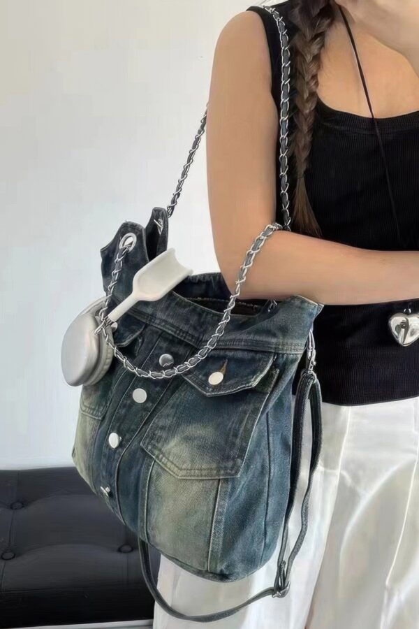 Washed Denim Tote with Double Front Pockets