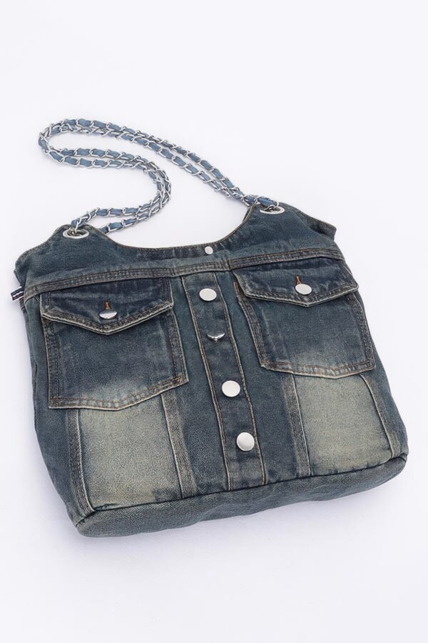 Washed Denim Tote with Double Front Pockets