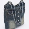 Washed Denim Tote with Double Front Pockets