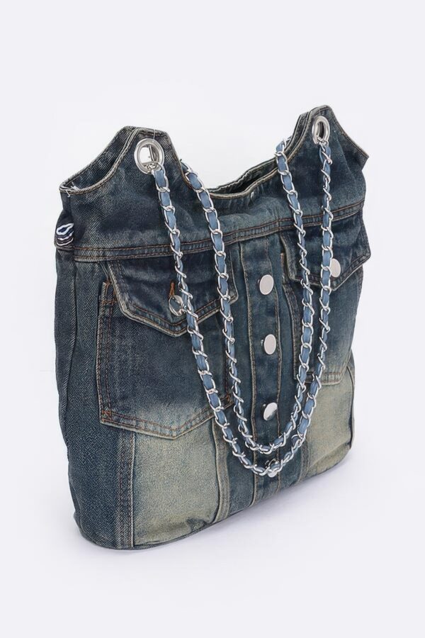 Washed Denim Tote with Double Front Pockets