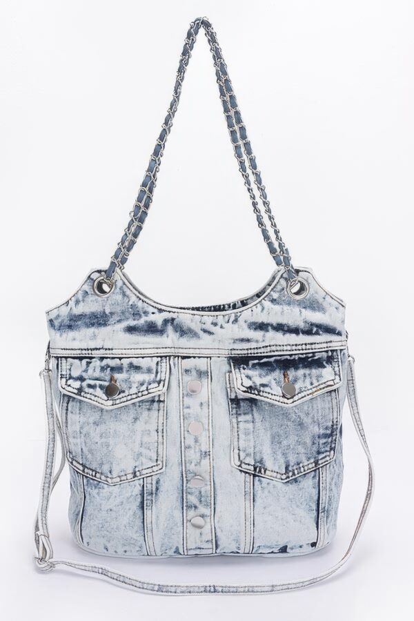 Washed Denim Tote with Double Front Pockets