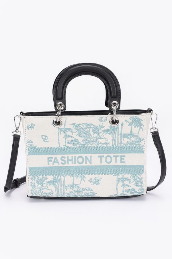 Embroidered Faux Leather Tote Bag – Mixed Metal Accents