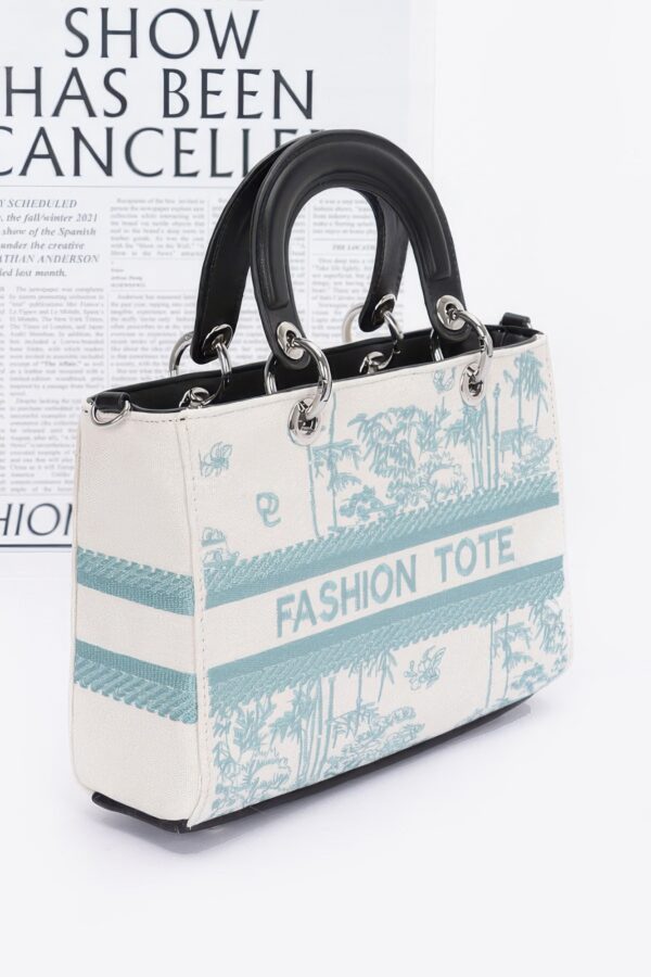 Embroidered Faux Leather Tote Bag – Mixed Metal Accents