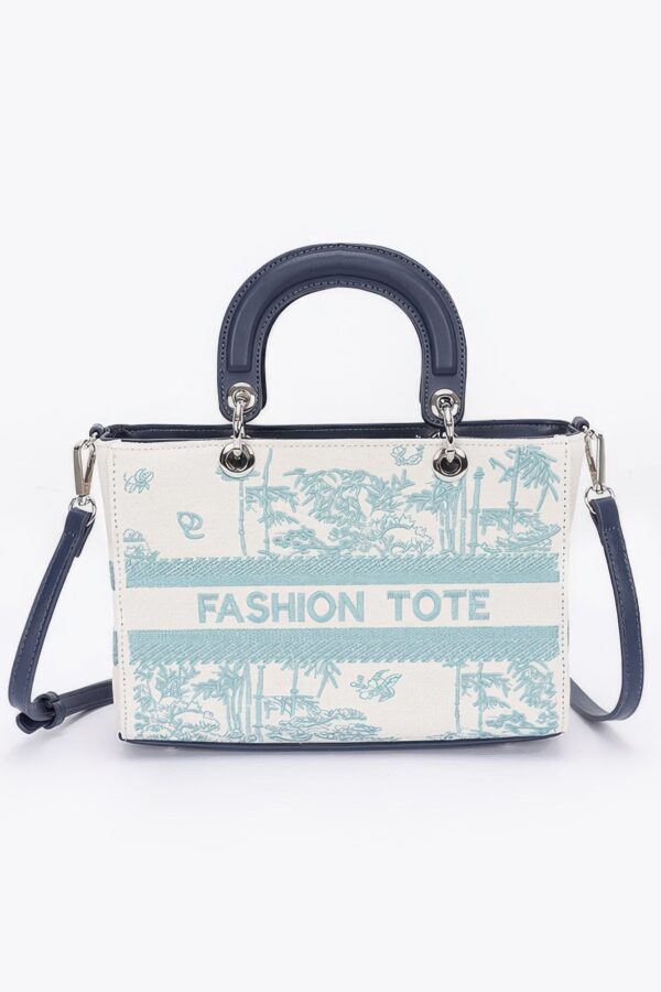 Embroidered Faux Leather Tote Bag – Mixed Metal Accents