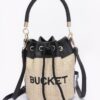 Faux Straw Bucket Bag with Mixed Metal Accents