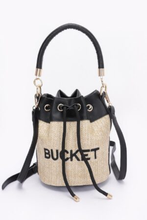 Faux Straw Bucket Bag with Mixed Metal Accents