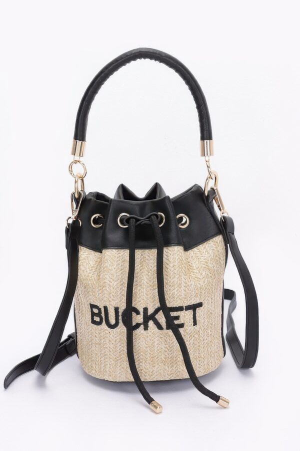 Faux Straw Bucket Bag with Mixed Metal Accents