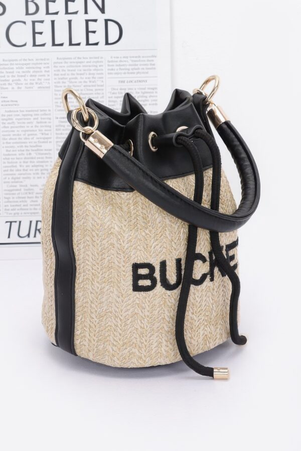 Faux Straw Bucket Bag with Mixed Metal Accents