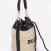 Faux Straw Bucket Bag with Mixed Metal Accents