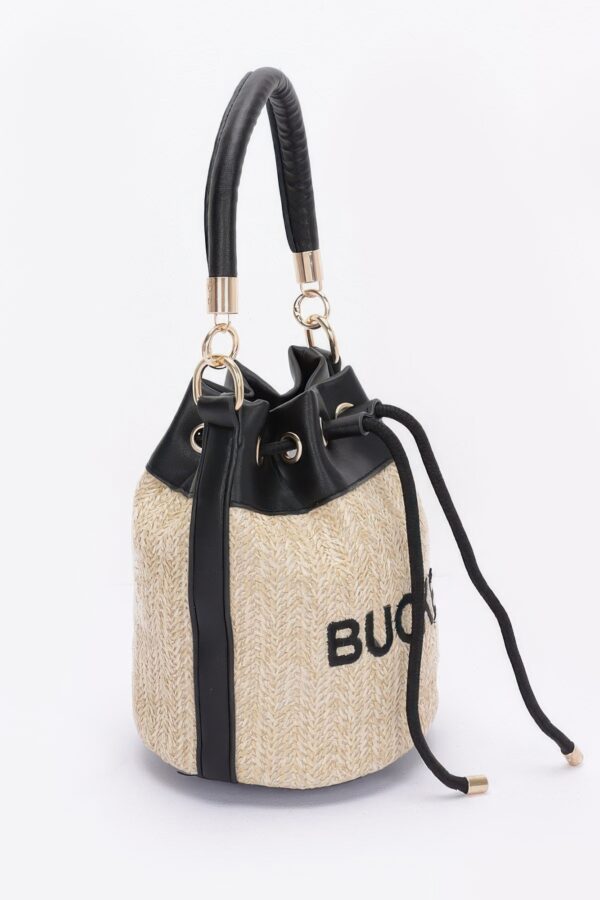 Faux Straw Bucket Bag with Mixed Metal Accents