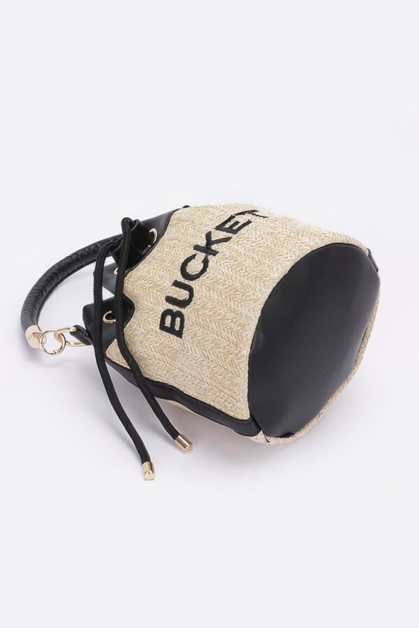 Faux Straw Bucket Bag with Mixed Metal Accents