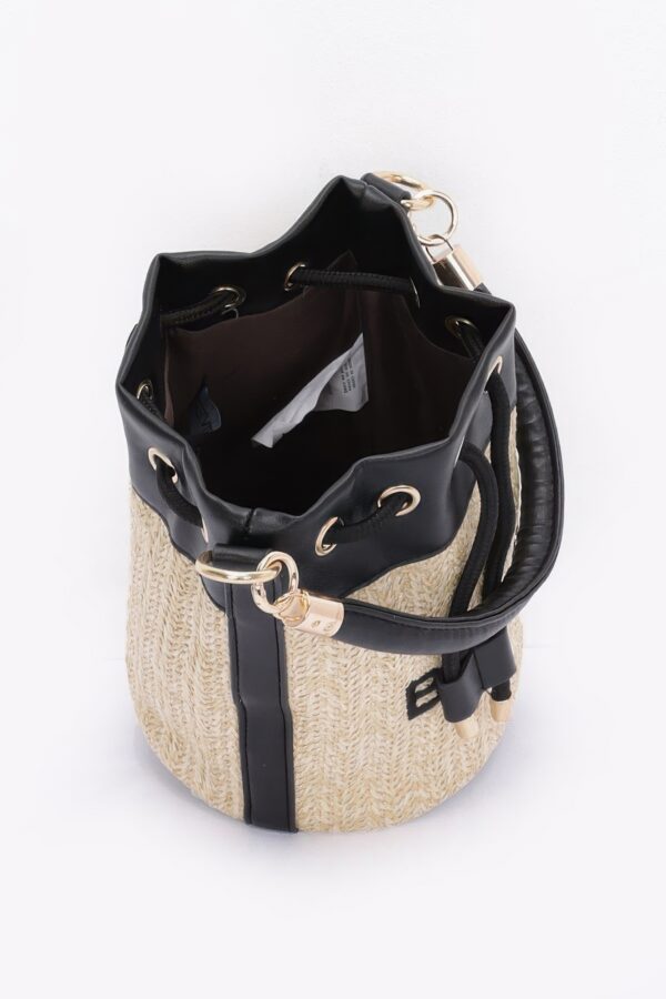 Faux Straw Bucket Bag with Mixed Metal Accents