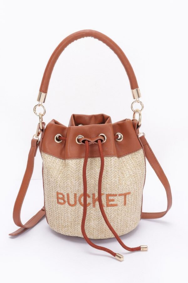 Faux Straw Bucket Bag with Mixed Metal Accents