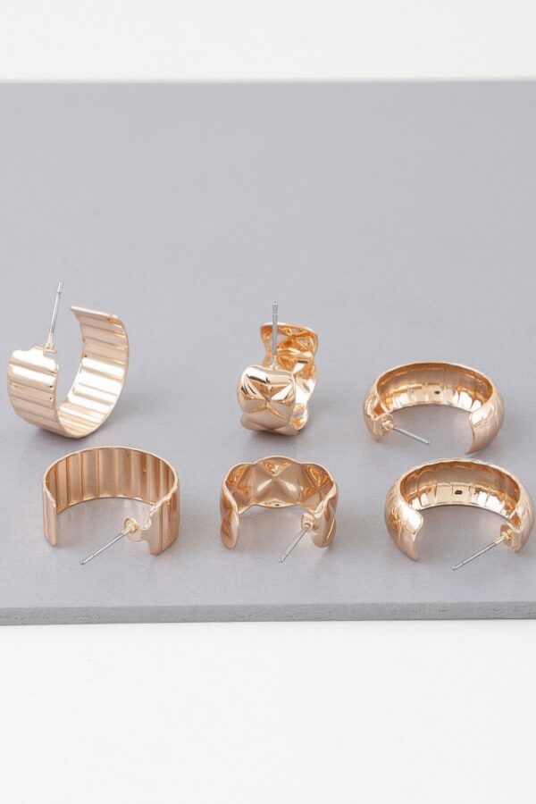 Quilted Gold Hoop Earrings Set – 3 Pairs