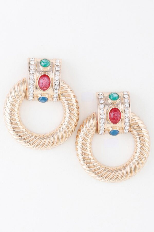Twisted Hoop Drop Earrings – Gold Rhinestone Accents